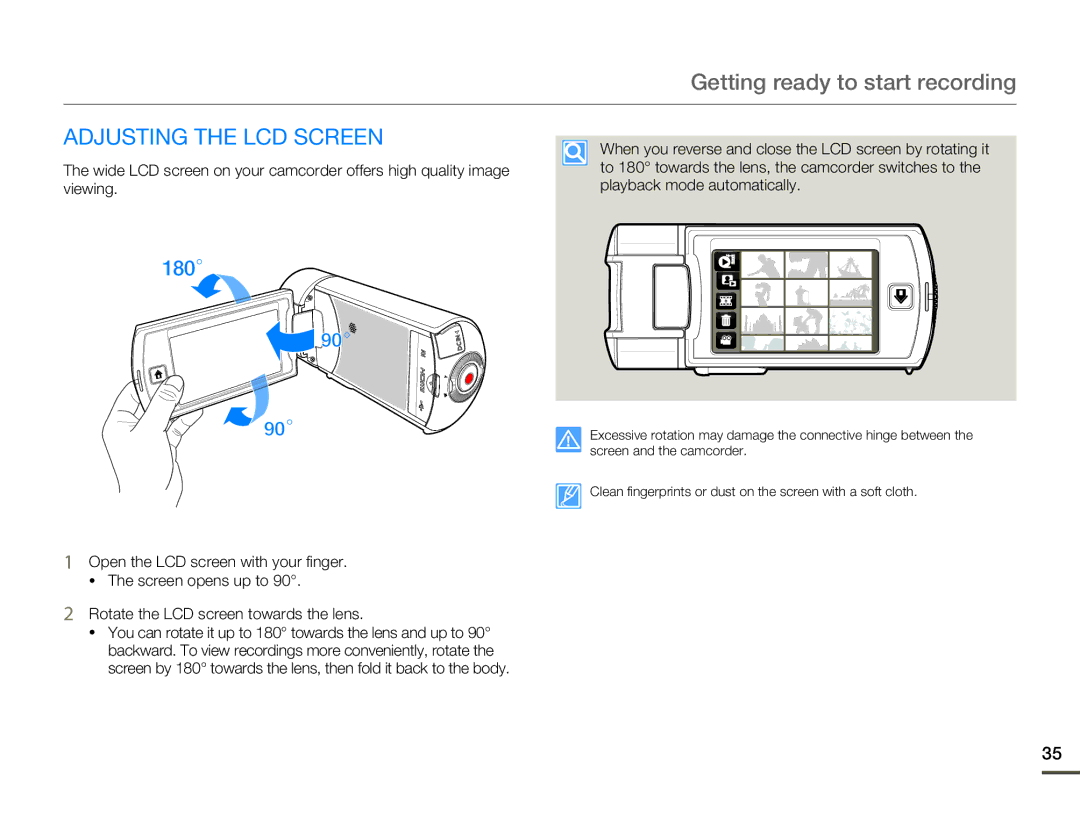 Samsung HMX-Q10BN/XAA manual Adjusting the LCD Screen 