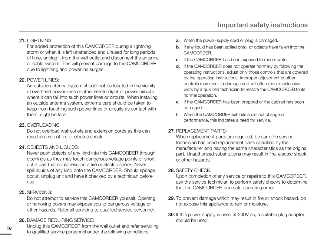 Samsung HMX-Q10BN/XAA manual Lightning, If the Camcorder has been exposed to rain or water 