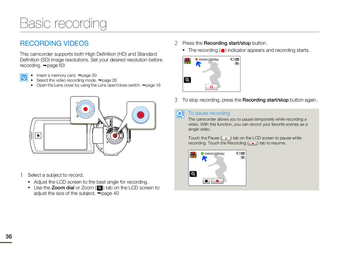 Samsung HMX-Q10BN/XAA manual Basic recording, Recording Videos, To pause recording 