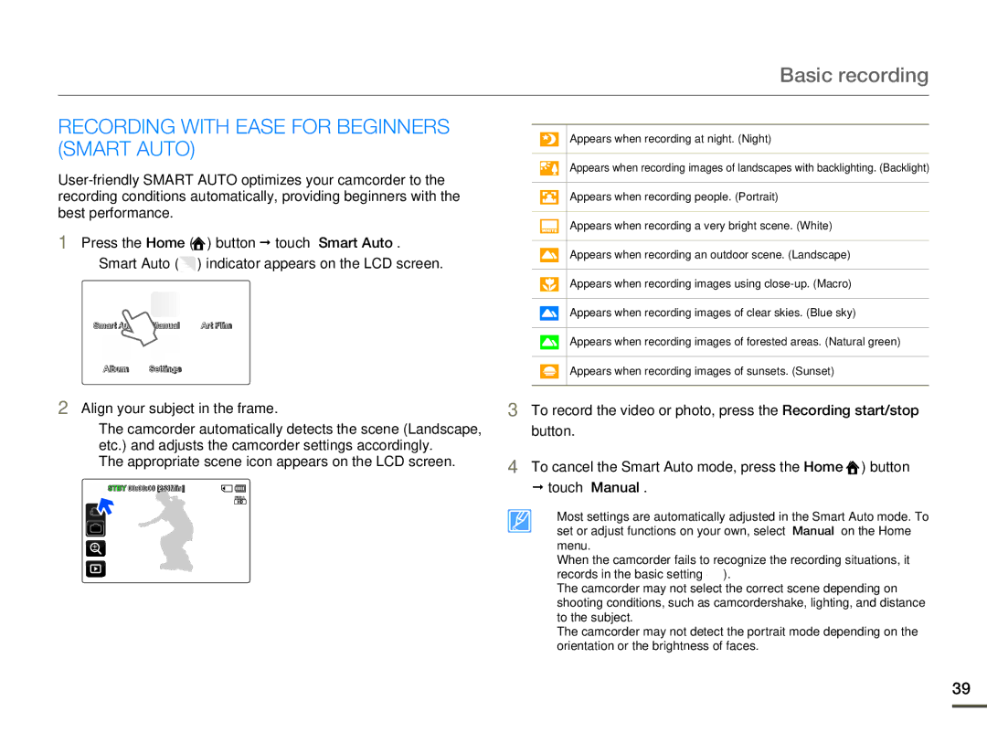 Samsung HMX-Q10BN/XAA manual Recording with Ease for Beginners Smart Auto, Align your subject in the frame 