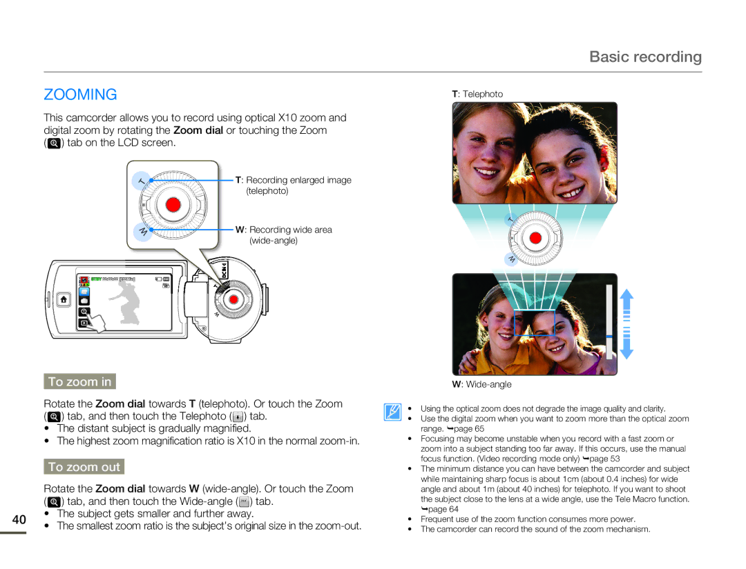 Samsung HMX-Q10BN/XAA manual Zooming, To zoom out, Tab on the LCD screen 