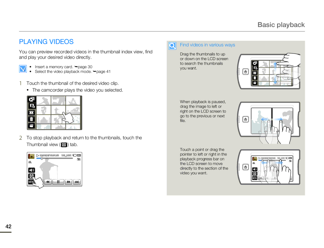 Samsung HMX-Q10BN/XAA manual Basic playback, Playing Videos, Find videos in various ways 