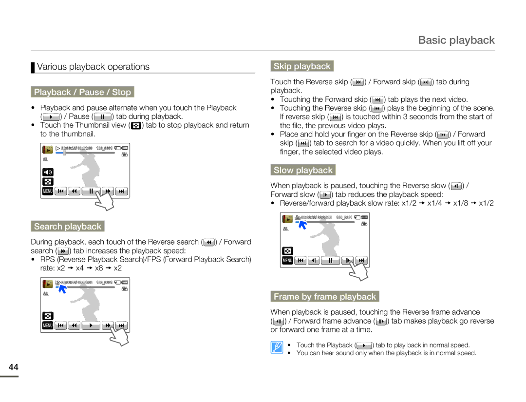 Samsung HMX-Q10BN/XAA Playback / Pause / Stop, Search playback, Skip playback, Slow playback, Frame by frame playback 