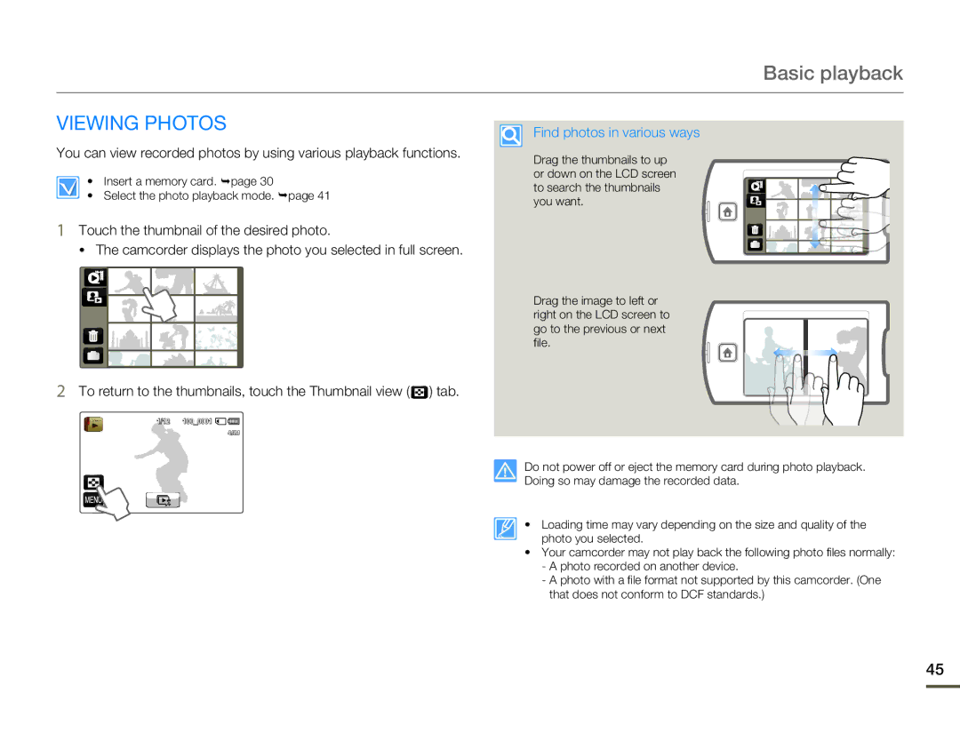 Samsung HMX-Q10BN/XAA manual Viewing Photos, Find photos in various ways 