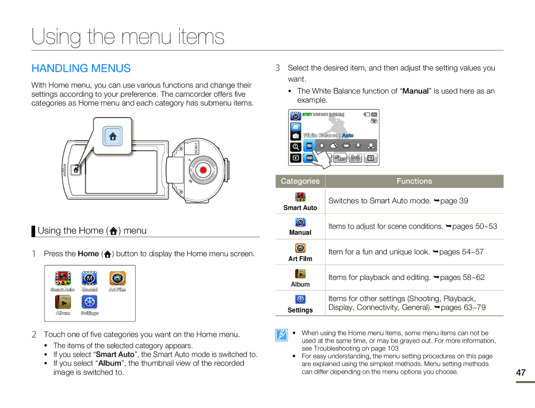 Samsung HMX-Q10BN/XAA manual Using the menu items, Handling Menus, Using the Home menu 