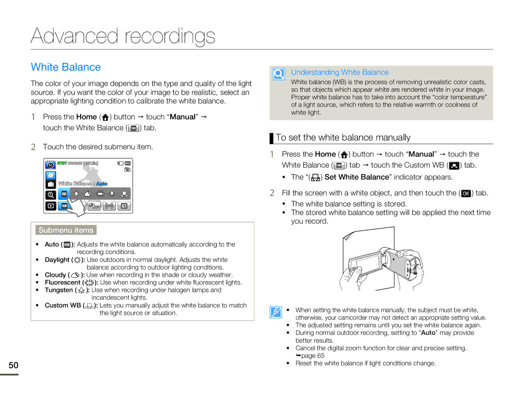 Samsung HMX-Q10BN/XAA Advanced recordings, To set the white balance manually, Understanding White Balance 