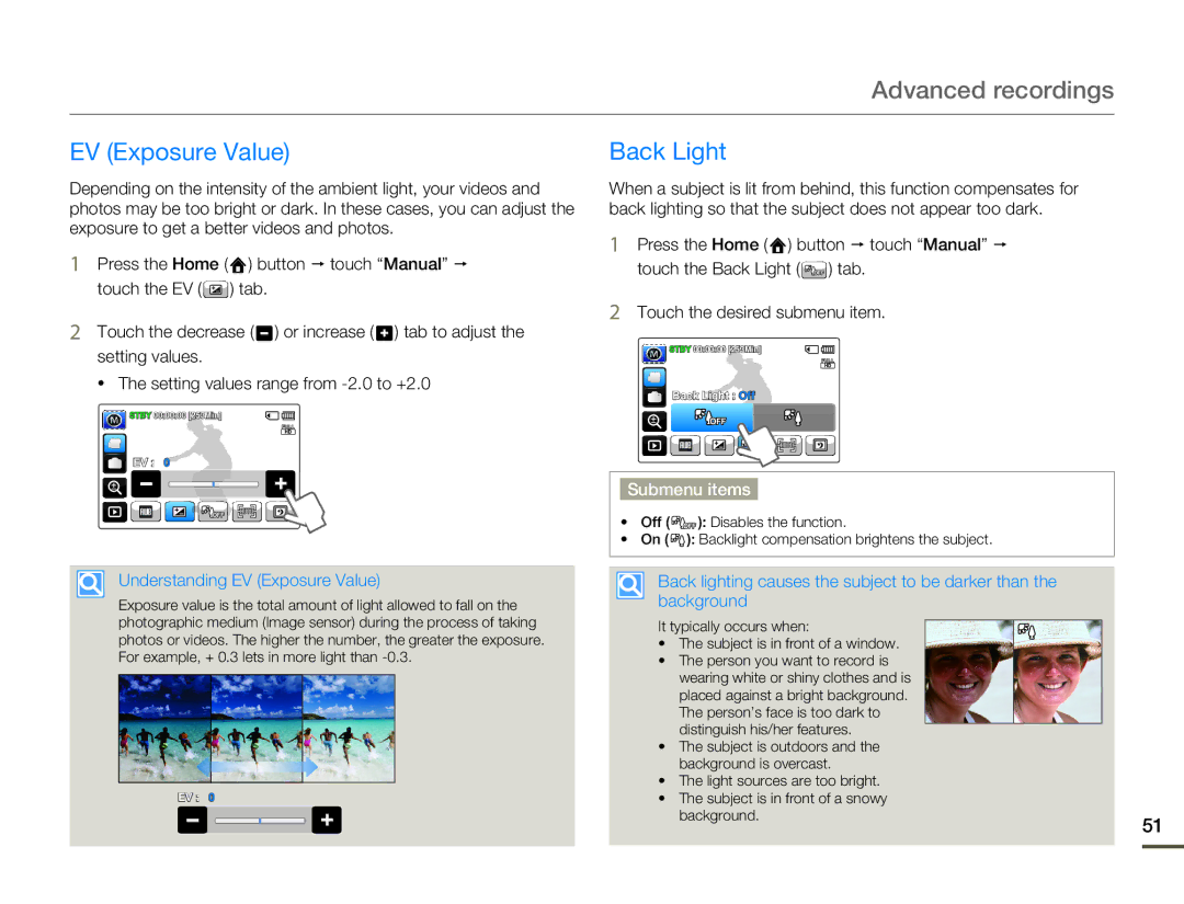 Samsung HMX-Q10BN/XAA manual Advanced recordings, Back Light, Understanding EV Exposure Value 