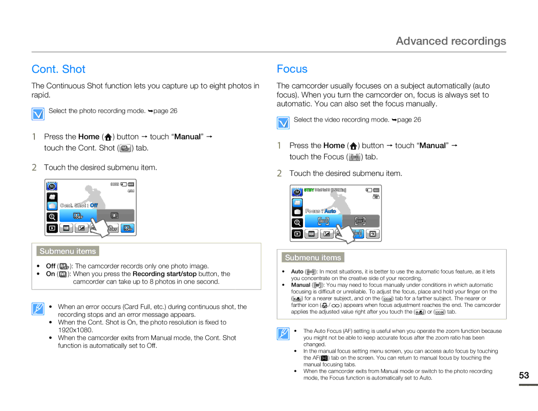 Samsung HMX-Q10BN/XAA manual Cont. Shot, Focus 