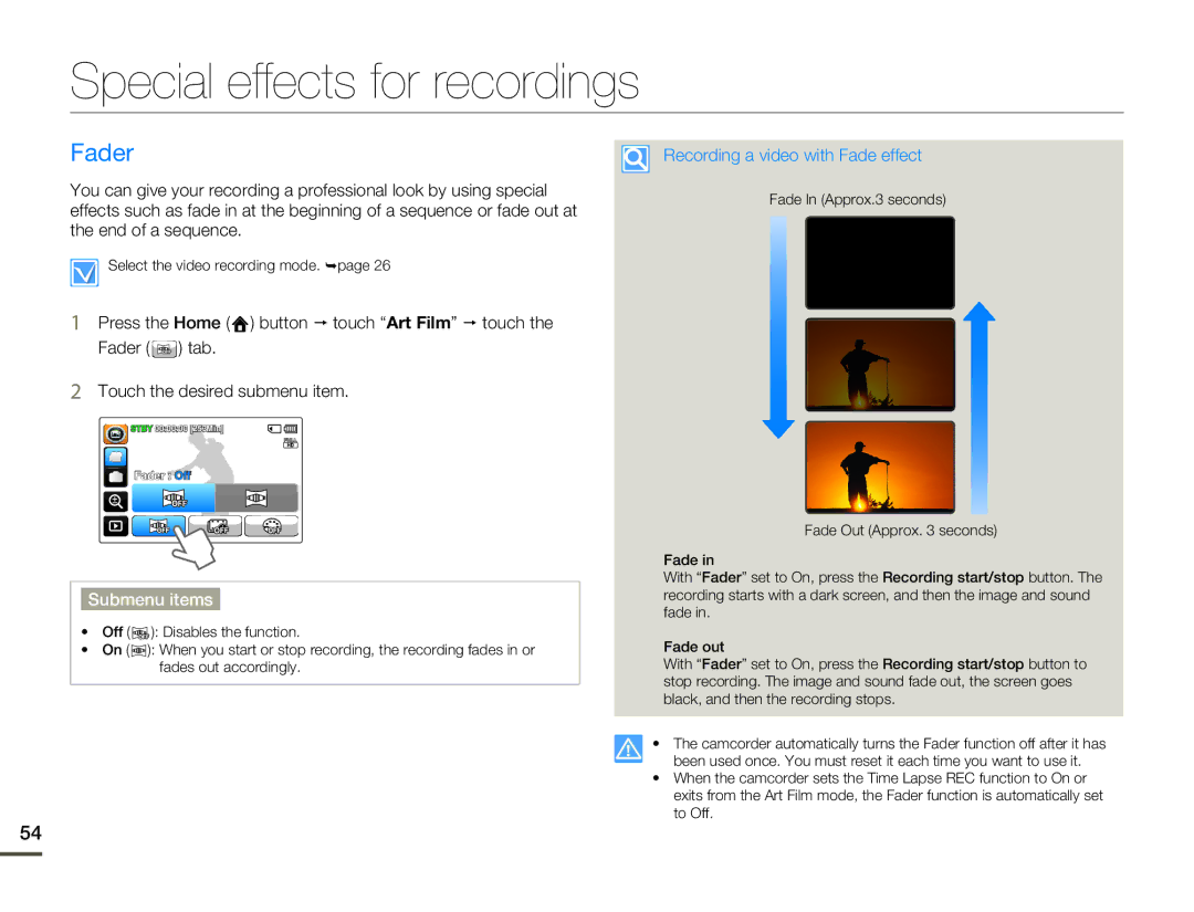 Samsung HMX-Q10BN/XAA manual Special effects for recordings, Fader, Recording a video with Fade effect 