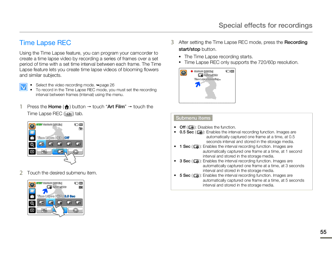 Samsung HMX-Q10BN/XAA manual Special effects for recordings, Time Lapse REC, Similar subjects 