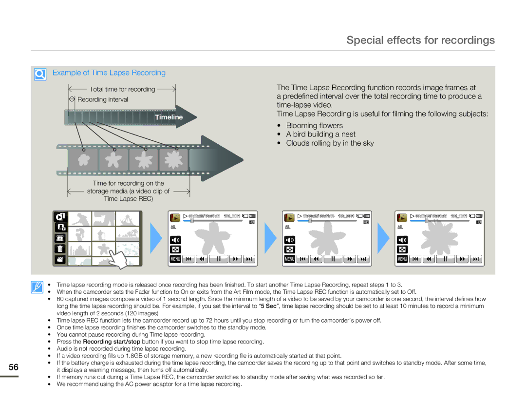 Samsung HMX-Q10BN/XAA manual Example of Time Lapse Recording 