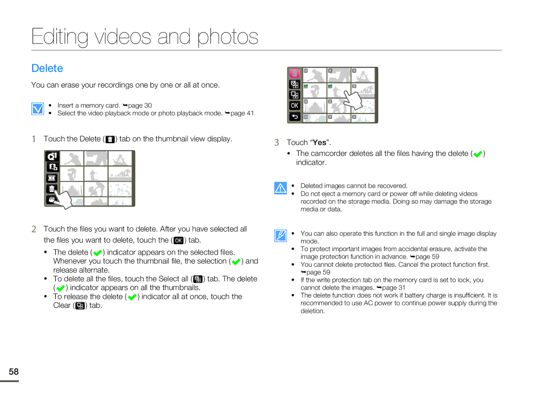 Samsung HMX-Q10BN/XAA manual Editing videos and photos, Delete, You can erase your recordings one by one or all at once 