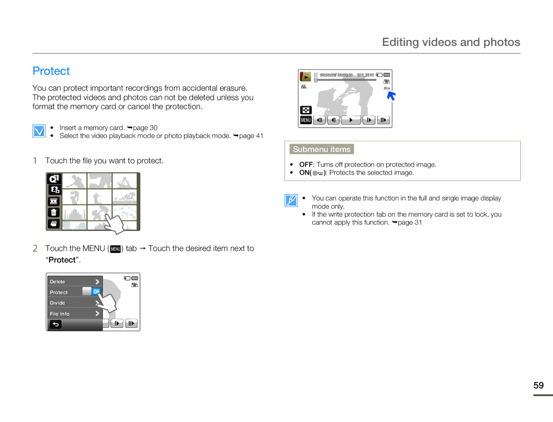 Samsung HMX-Q10BN/XAA manual Editing videos and photos, Protect 