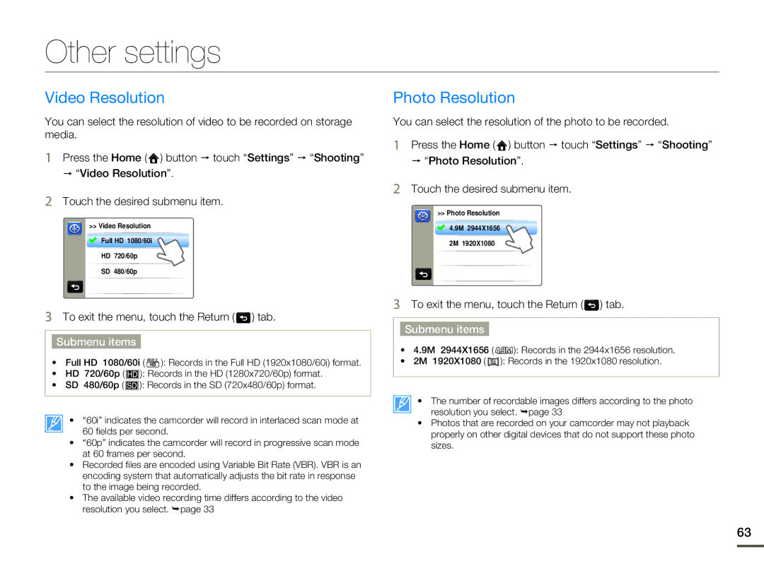 Samsung HMX-Q10BN/XAA manual Other settings, Video Resolution, Photo Resolution 