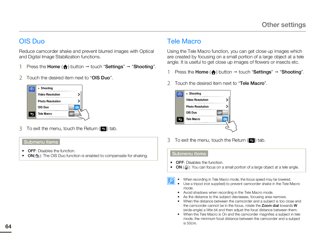 Samsung HMX-Q10BN/XAA manual Other settings, OIS Duo, Tele Macro 