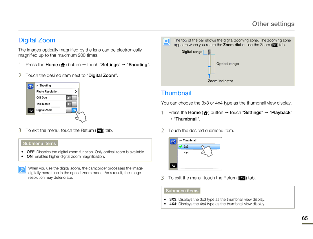 Samsung HMX-Q10BN/XAA manual Digital Zoom, Thumbnail 