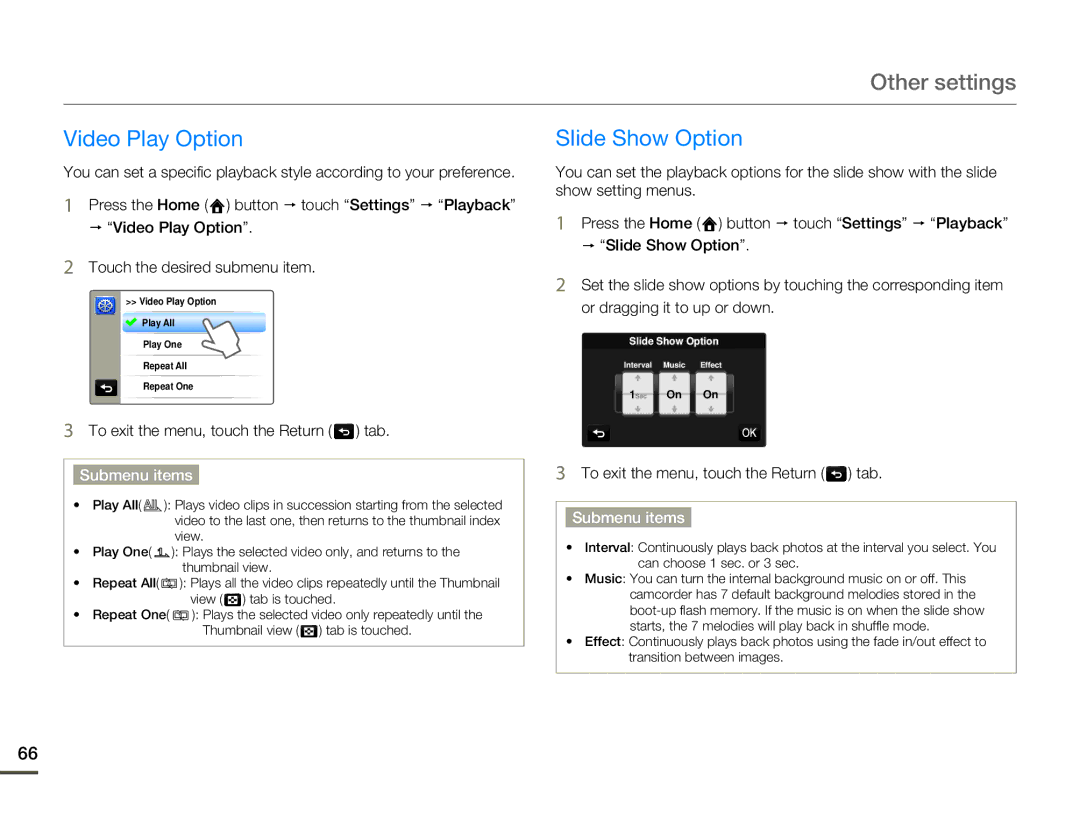 Samsung HMX-Q10BN/XAA manual Video Play Option, Slide Show Option 