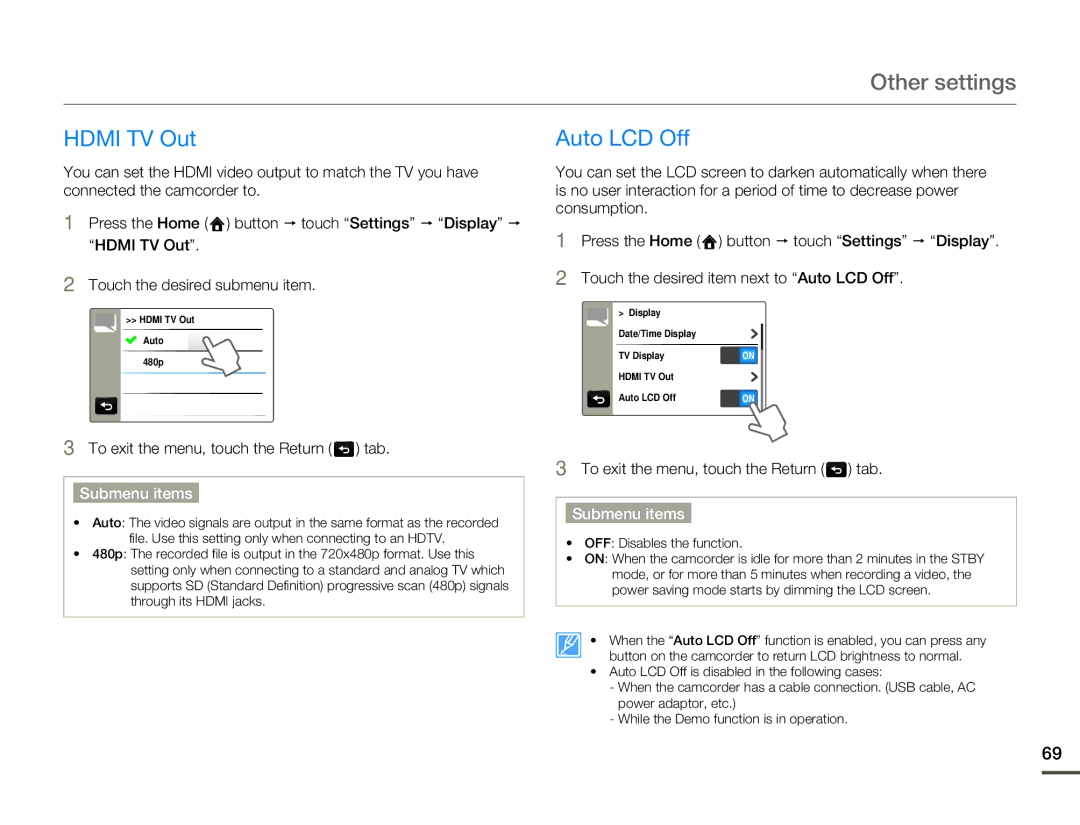 Samsung HMX-Q10BN/XAA manual Hdmi TV Out, Auto LCD Off 