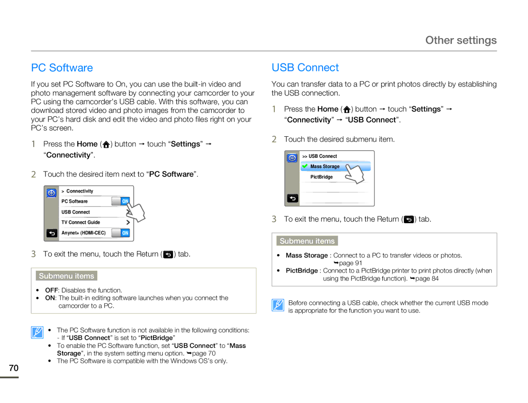 Samsung HMX-Q10BN/XAA manual PC Software, USB Connect 