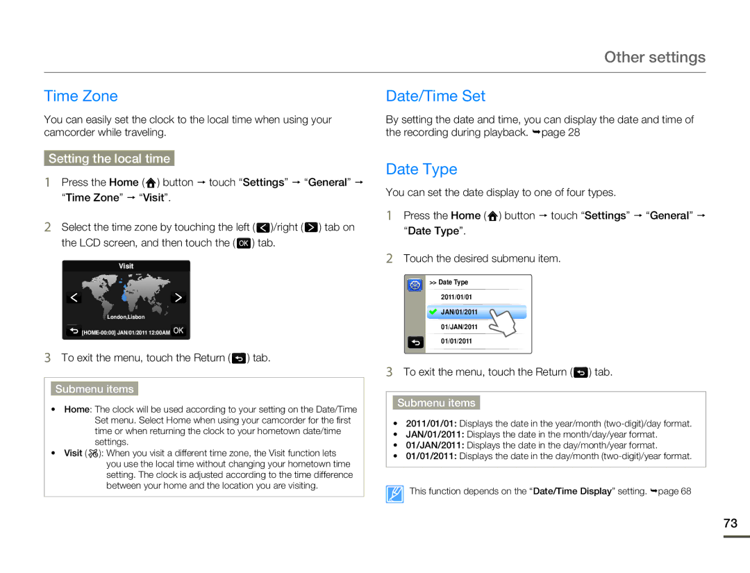 Samsung HMX-Q10BN/XAA manual Time Zone, Date/Time Set, Date Type, Setting the local time 