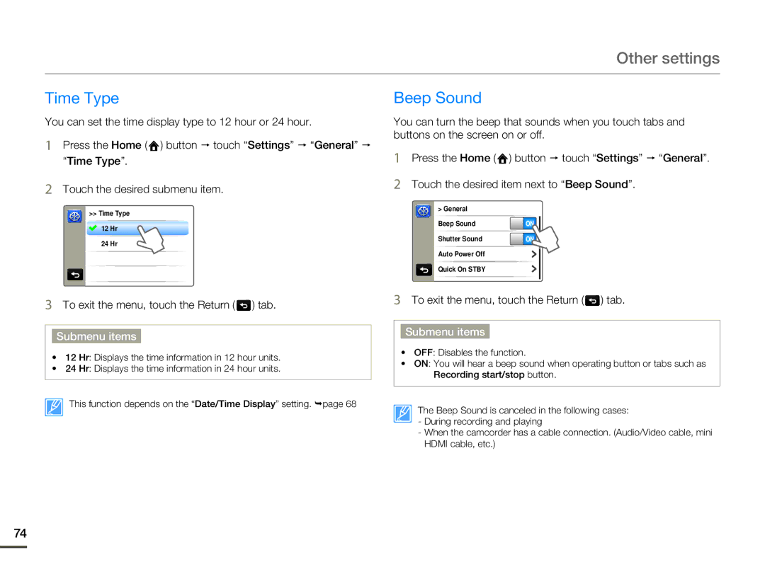 Samsung HMX-Q10BN/XAA manual Time Type, Beep Sound 