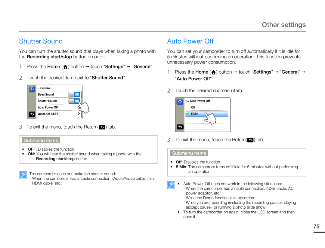 Samsung HMX-Q10BN/XAA manual Shutter Sound, Auto Power Off 