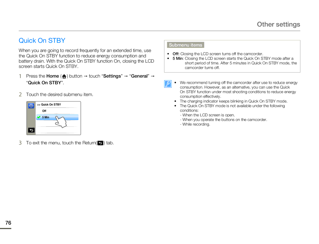 Samsung HMX-Q10BN/XAA manual Quick On Stby 