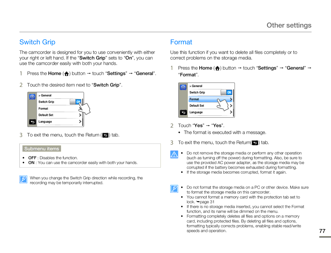 Samsung HMX-Q10BN/XAA manual Switch Grip Format 