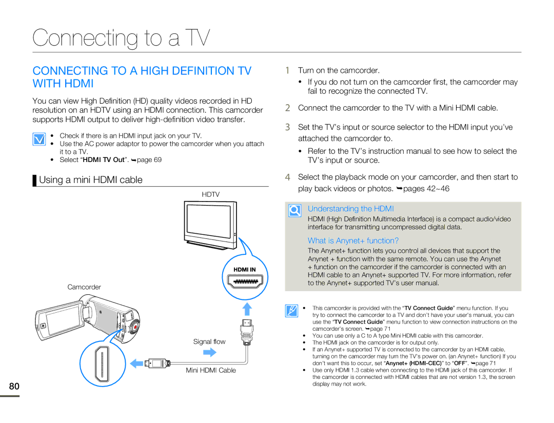 Samsung HMX-Q10BN/XAA manual Connecting to a TV, Connecting to a High Definition TV with Hdmi, Using a mini Hdmi cable 