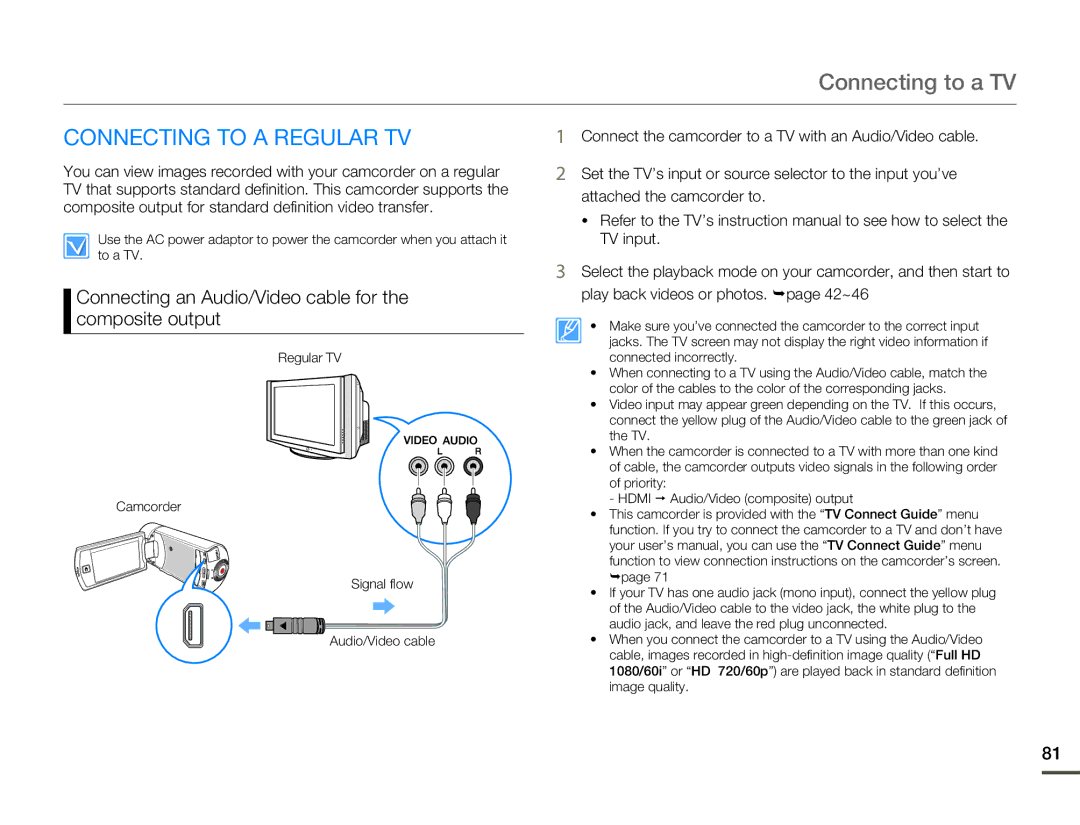 Samsung HMX-Q10BN/XAA manual Connecting to a TV, Connecting to a Regular TV 