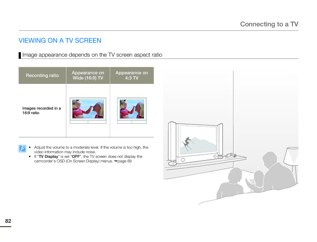 Samsung HMX-Q10BN/XAA manual Viewing on a TV Screen, Image appearance depends on the TV screen aspect ratio 