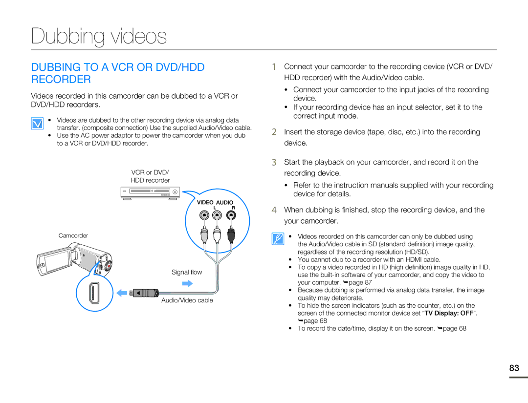 Samsung HMX-Q10BN/XAA manual Dubbing videos, Dubbing to a VCR or DVD/HDD Recorder 