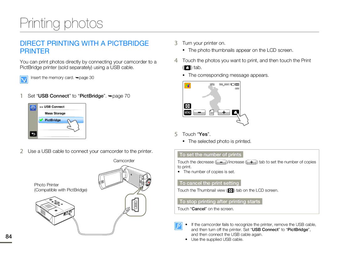 Samsung HMX-Q10BN/XAA Printing photos, Direct Printing with a Pictbridge Printer, Set USB Connect to PictBridge. ¬page 