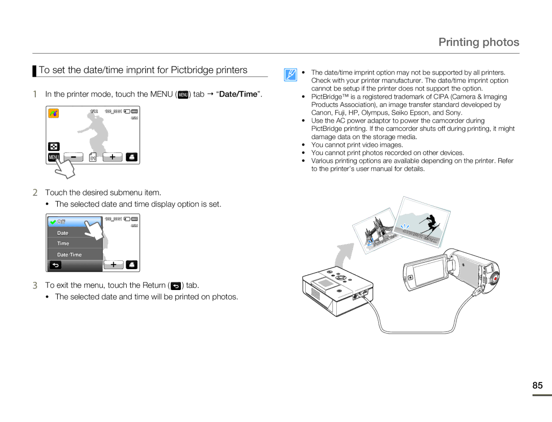 Samsung HMX-Q10BN/XAA manual Printing photos, To set the date/time imprint for Pictbridge printers 