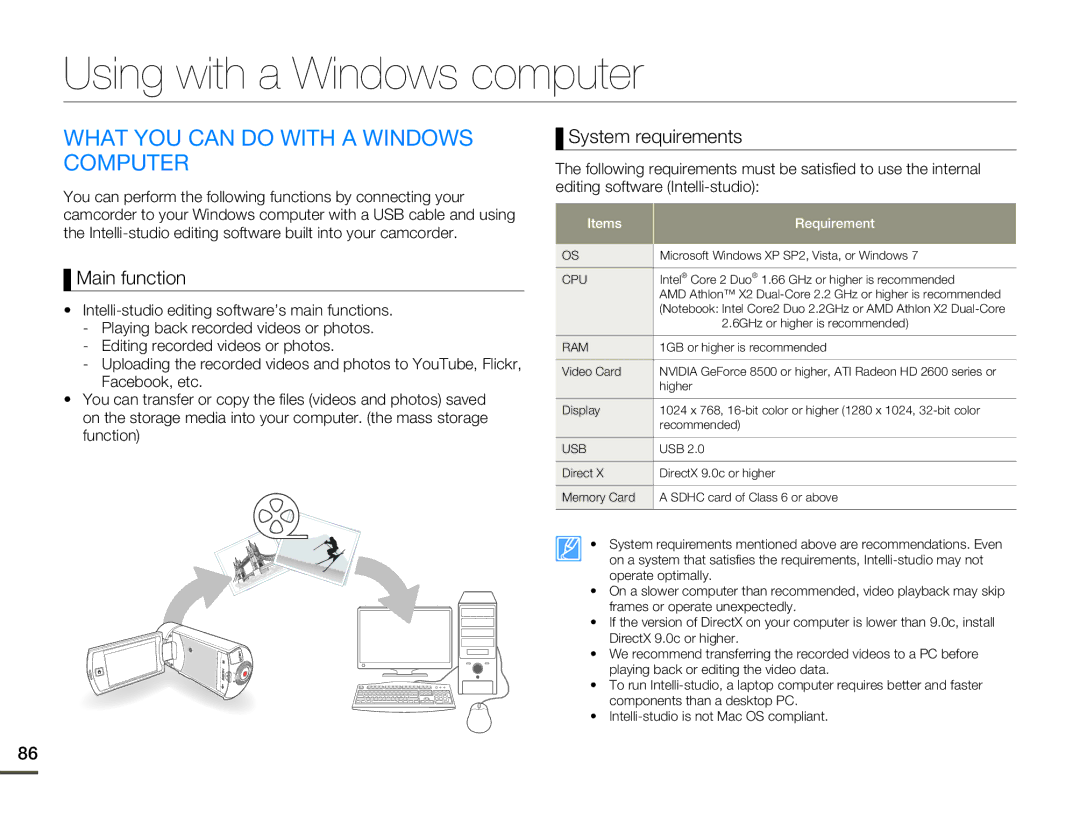 Samsung HMX-Q10BN/XAA manual Using with a Windows computer, What YOU can do with a Windows Computer, Main function 