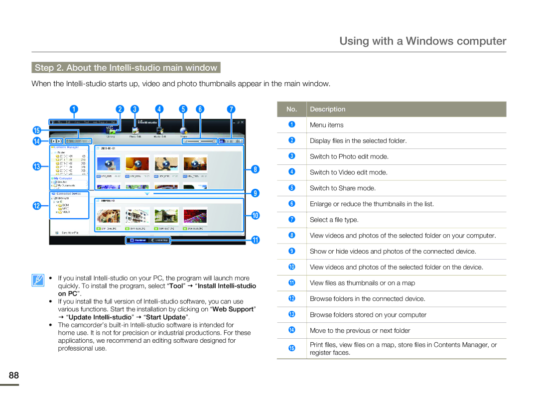 Samsung HMX-Q10BN/XAA manual About the Intelli-studio main window 