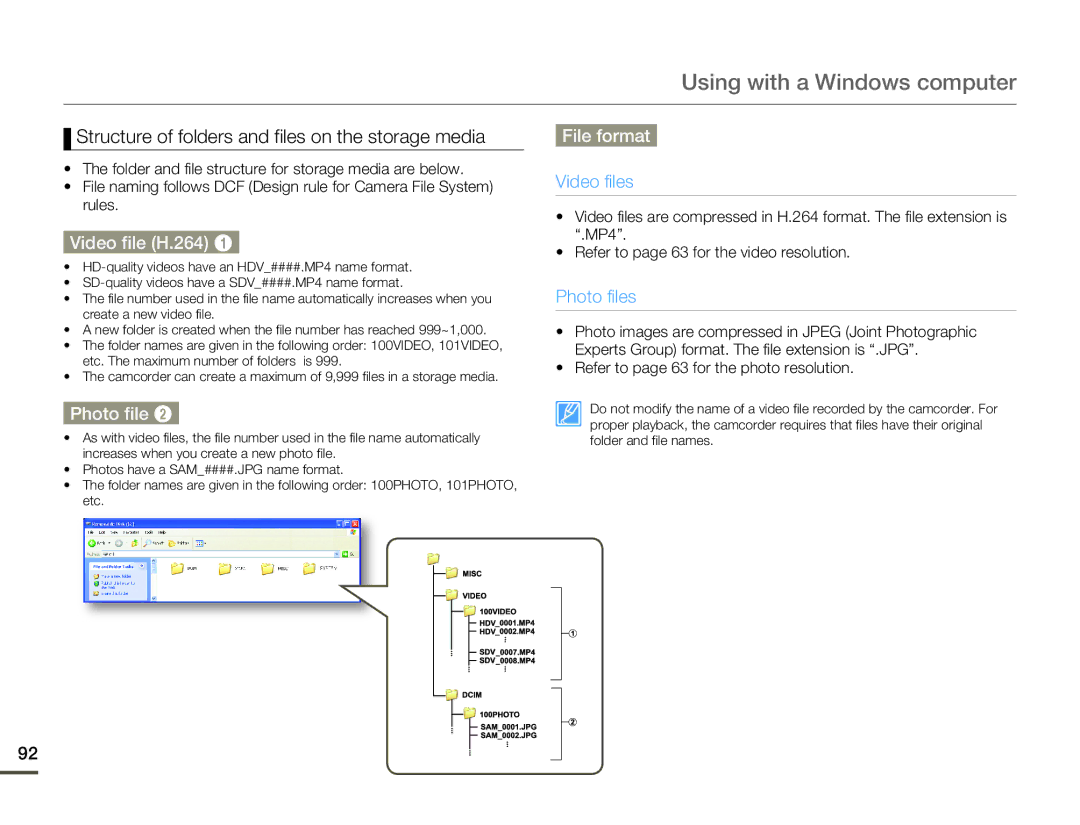 Samsung HMX-Q10BN/XAA manual Structure of folders and files on the storage media, Video file H.264, Photo file, File format 