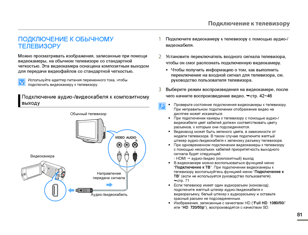 Samsung HMX-Q10TP/XER, HMX-Q10BP/EDC, HMX-Q100BP/XER manual Подключение к телевизору, ɈɈȾɄɅɘɑȿɇɂȿɄɈȻɕɑɇɈɆɍ ɌȿɅȿȼɂɁɈɊɍ 