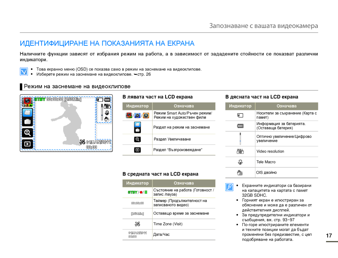 Samsung HMX-Q10BP/EDC manual Идентифициране НА Показанията НА Екрана, Режим на заснемане на видеоклипове 