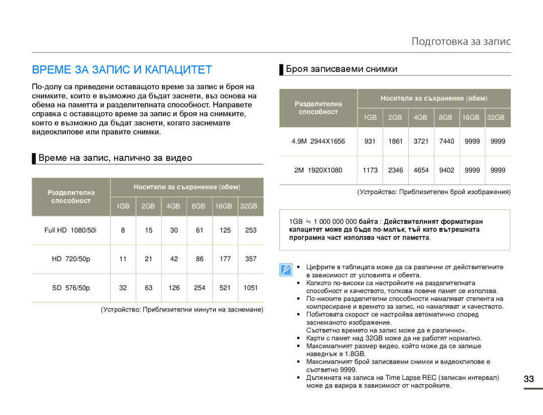 Samsung HMX-Q10BP/EDC manual Време ЗА Запис И Капацитет, Време на запис, налично за видео Броя записваеми снимки 