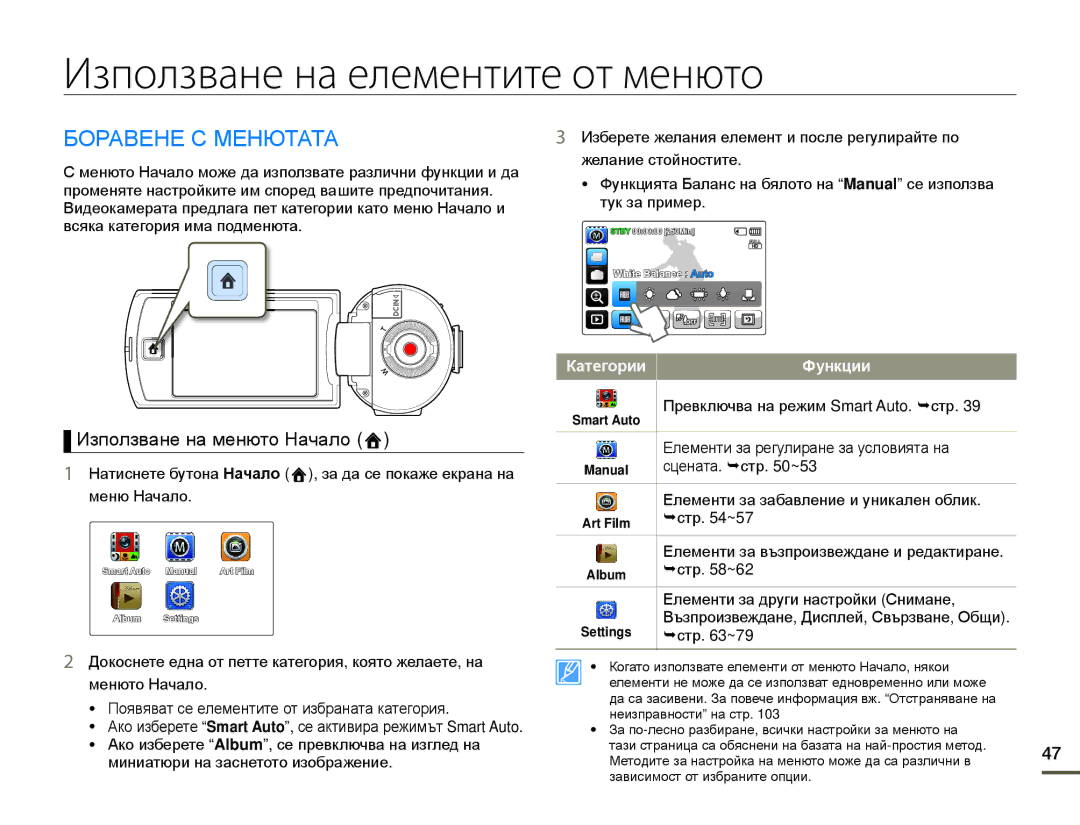 Samsung HMX-Q10BP/EDC manual Използване на елементите от менюто, Боравене С Менютата, Използване на менюто Начало, Функции 