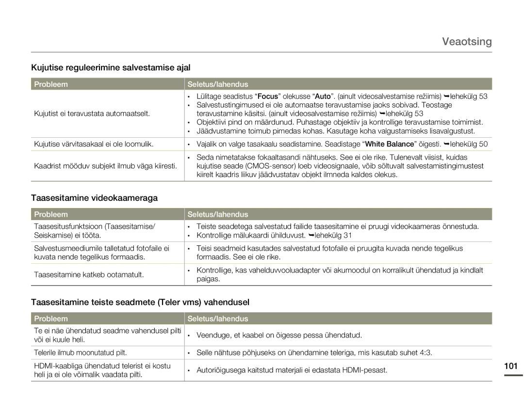 Samsung HMX-Q10BP/EDC manual Kujutise reguleerimine salvestamise ajal, Taasesitamine videokaameraga, 101 