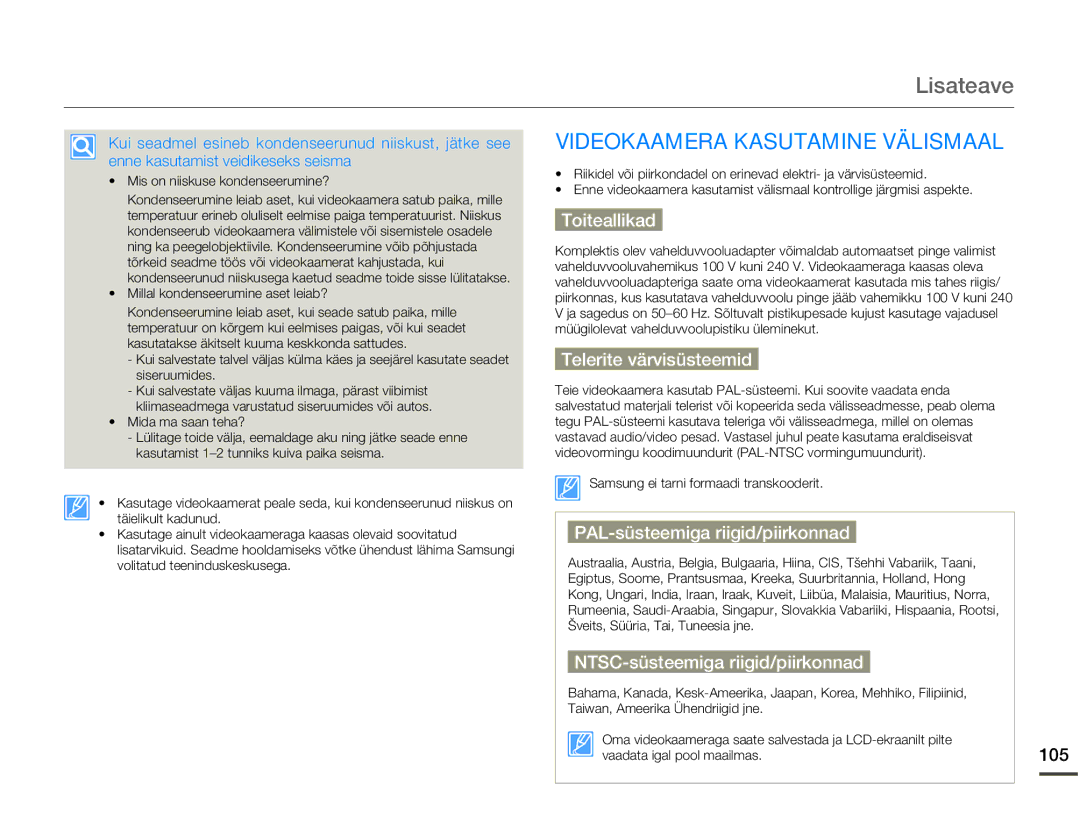 Samsung HMX-Q10BP/EDC manual Lisateave, Videokaamera Kasutamine Välismaal 