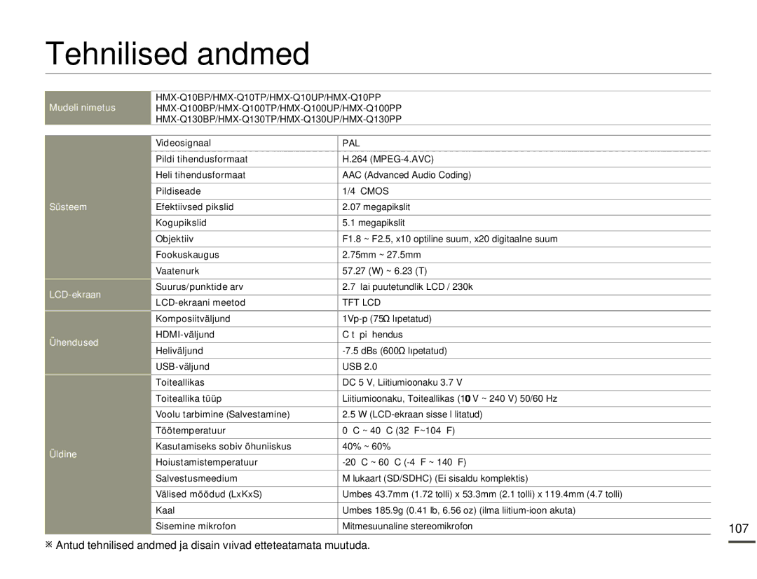 Samsung HMX-Q10BP/EDC manual Tehnilised andmed, 107 