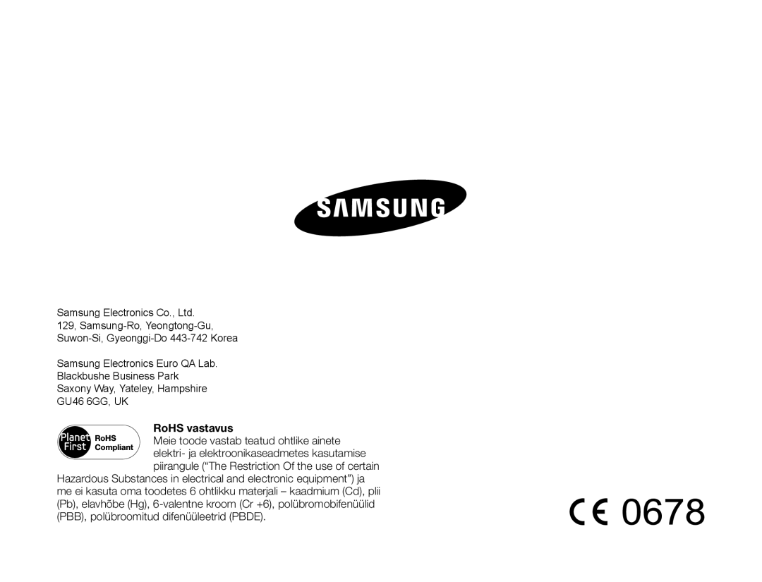 Samsung HMX-Q10BP/EDC manual RoHS vastavus 