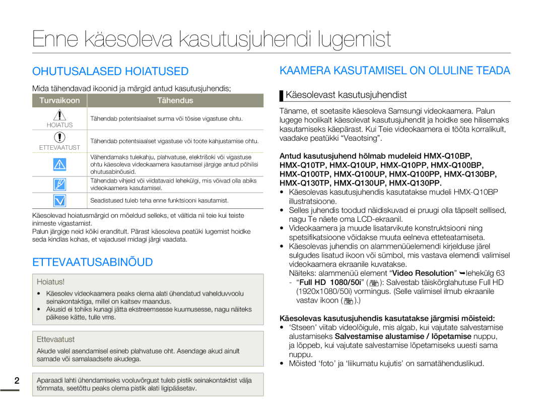 Samsung HMX-Q10BP/EDC manual Enne käesoleva kasutusjuhendi lugemist, Ohutusalased Hoiatused, Ettevaatusabinõud 