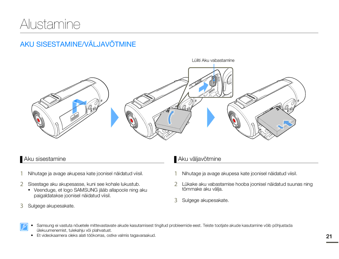 Samsung HMX-Q10BP/EDC manual Alustamine, Aku Sisestamine/Väljavõtmine, Aku sisestamine, Aku väljavõtmine 