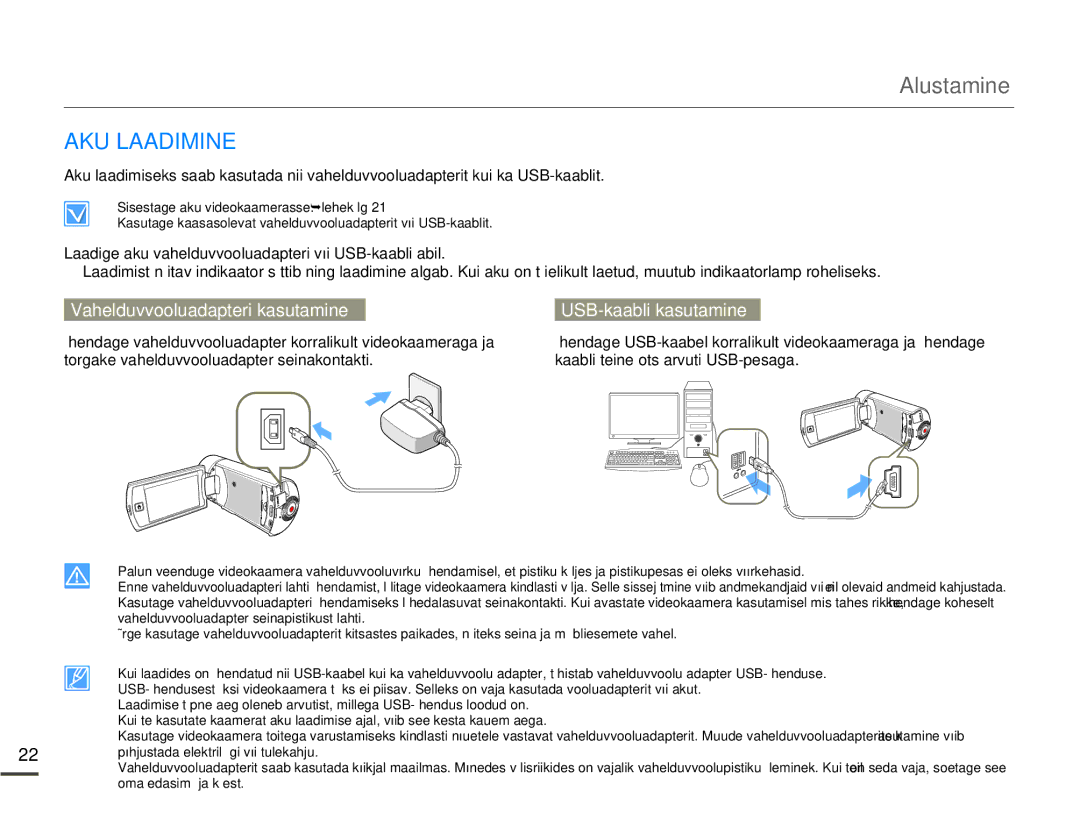 Samsung HMX-Q10BP/EDC manual Alustamine, AKU Laadimine, Vahelduvvooluadapteri kasutamine USB-kaabli kasutamine 