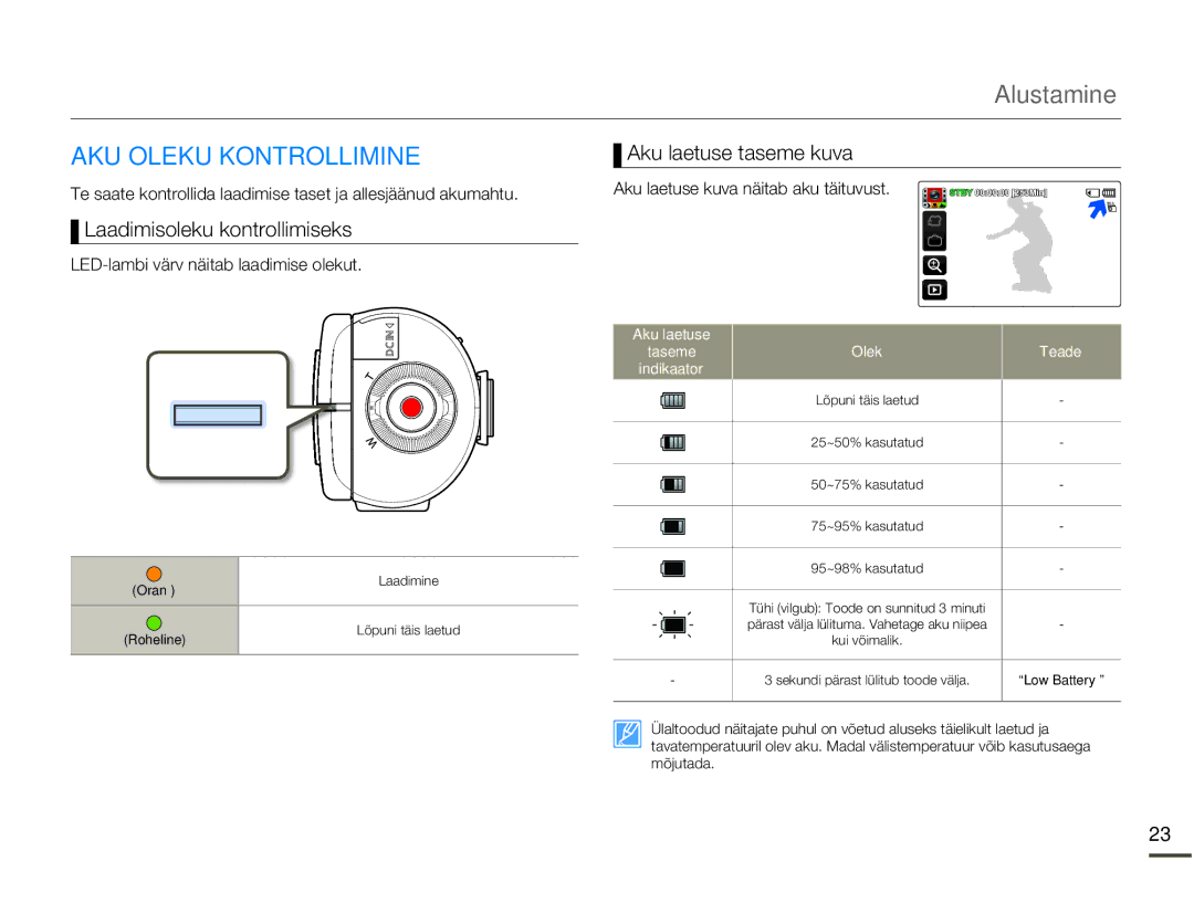 Samsung HMX-Q10BP/EDC manual AKU Oleku Kontrollimine, Laadimisoleku kontrollimiseks, Aku laetuse taseme kuva 