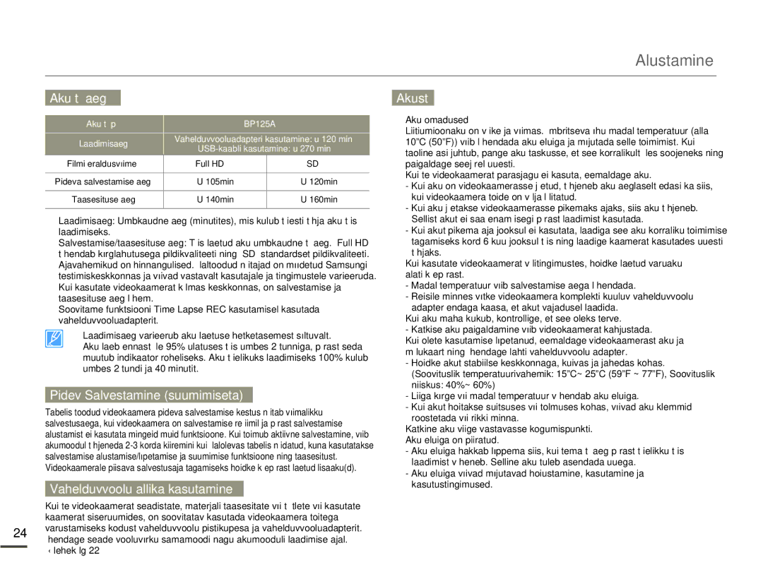 Samsung HMX-Q10BP/EDC manual Aku tööaeg, Pidev Salvestamine suumimiseta, Vahelduvvoolu allika kasutamine, Akust 